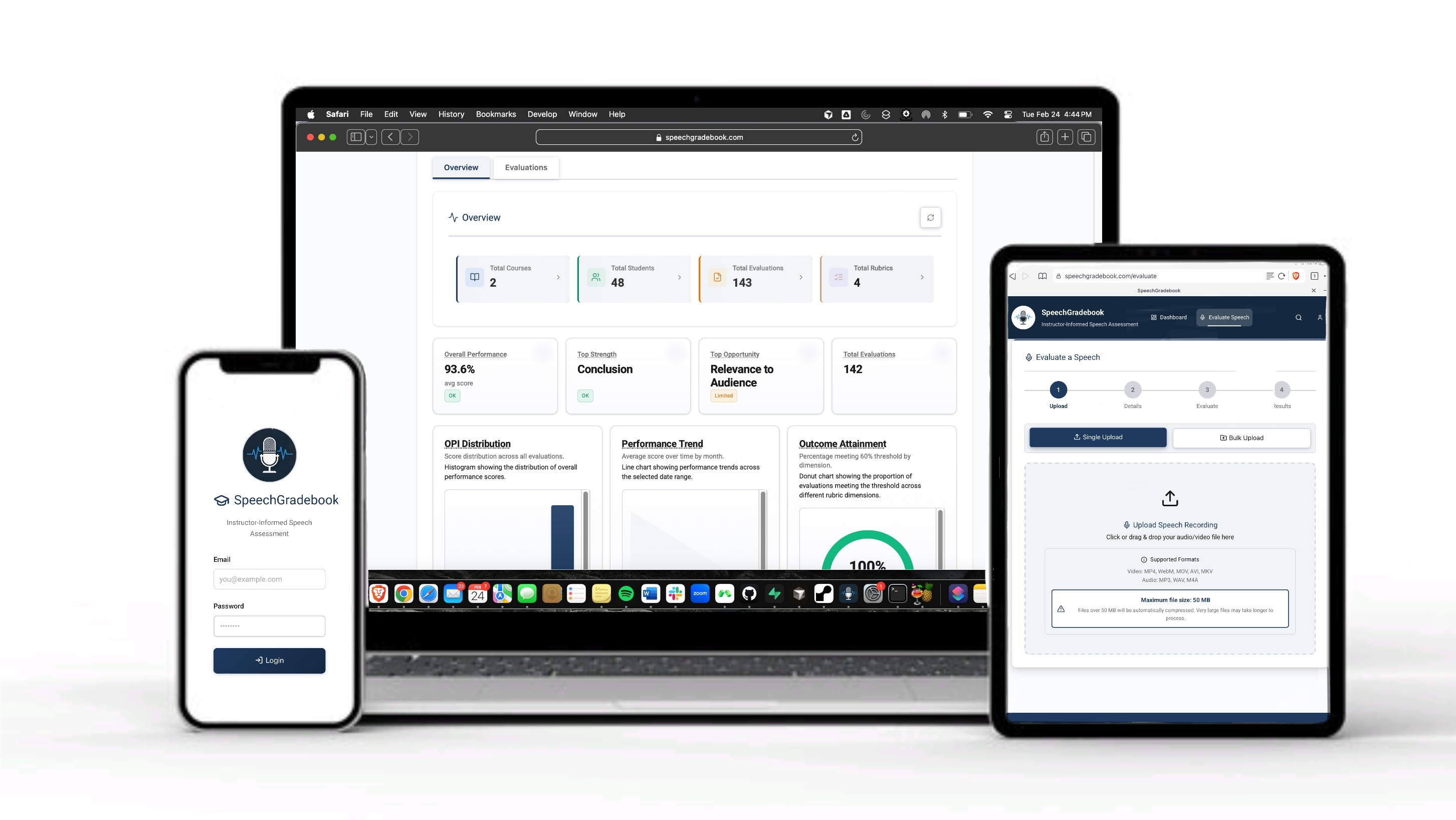 SpeechGradebook on laptop, tablet, and phone